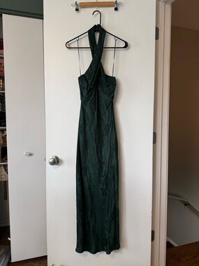 Astr Halter Ankle Length Dress in Deep Green with Floral Jacquard - XS